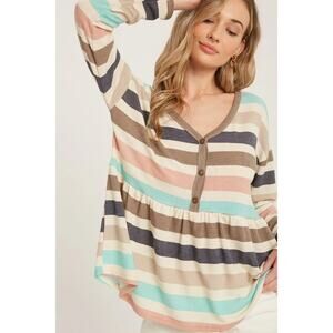 Button Front Multicolor Stripe French Terry Babydoll Top Mint Blush
